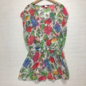 Simply Swim Floral Cover-Up Sheer V-Neck Swim Beach Pool Resort L